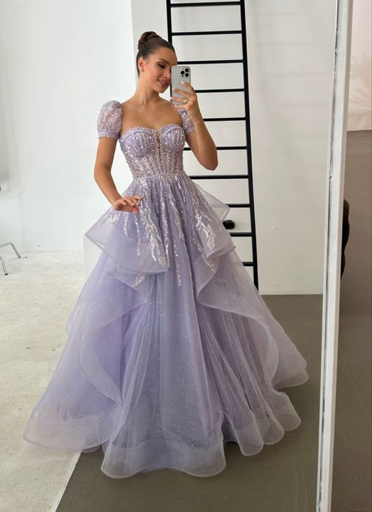 Lilac Beading Sequins Ball Gown Princess A-Line Long Prom Dress with Tulle Ruffles,DP710