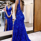 Royal Blue V Neck Sequins Backless Lace Long Mermaid Prom Dress with Slit,DP718