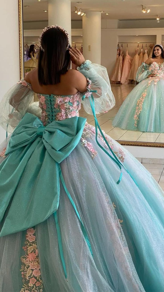 Ice Blue Off Shoulder Tulle Ball Gowns Quinceanera Dress with 3D Flowers,DP725