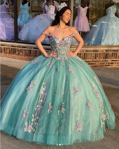 Princess Floral Off Shoulder Tulle Ball Gowns Quinceanera Dress,DP726