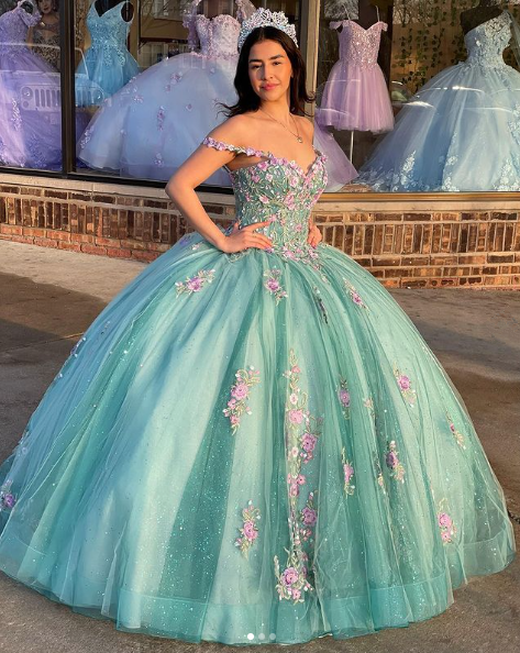 Princess Floral Off Shoulder Tulle Ball Gowns Quinceanera Dress,DP726