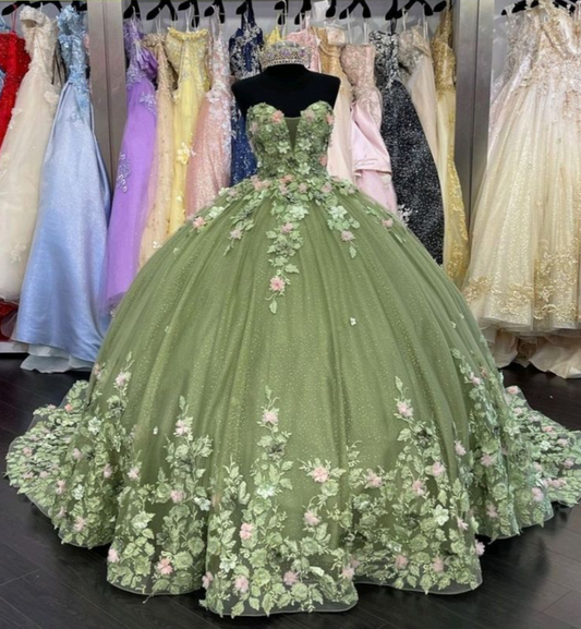 Green Elegant Floral Sweatheart Tulle Ball Gowns Quinceanera Dress with Appliques,DP727