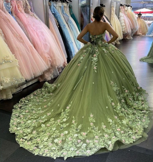 Green Elegant Floral Sweatheart Tulle Ball Gowns Quinceanera Dress with Appliques,DP727