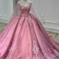 Pink Sweatheart Tulle Appliques Ball Gowns Quinceanera Dress with Cape,DP728