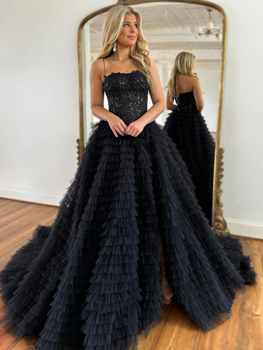 Black A-Line Spaghetti Straps Tiered Sequins Tulle Long Prom Dress,DP731