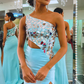 Royal Blue Sheath One Shoulder Cut Mirror Sequins Prom Dress,DP732
