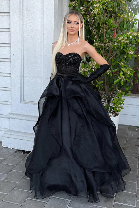 A-Line Sweetheart Black Long Prom Dress with Beading,DP737