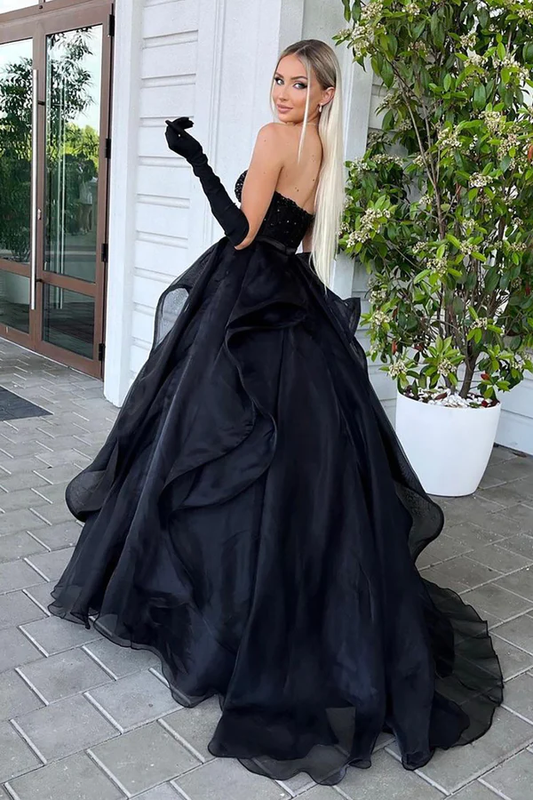 A-Line Sweetheart Black Long Prom Dress with Beading,DP737
