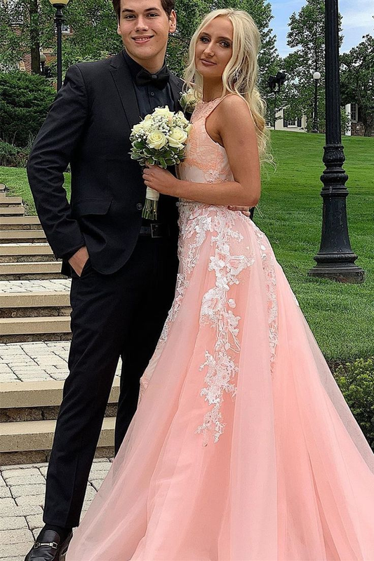 Gorgeous Pink Tulle Long Ball Gown Prom Dress with Appliques,DP749