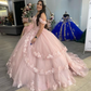 Charming Pink Off Shoulder Tulle Appliques Ball Gowns Quinceanera Dresses,DP752