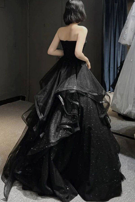 Black Sparkly Ruffled Long Prom Dress Ball Gown,DP762