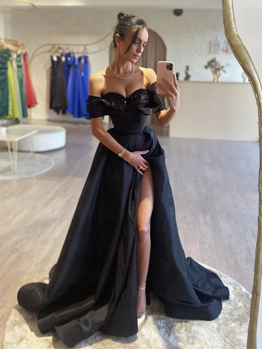 Black A-Line Off Shoulder Satin Long Prom Dress Evening Dress,DP799