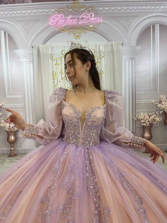 Pink and Purple Long Sleeves Tull Beads Quinceanera Dress Ball Gown,DP806
