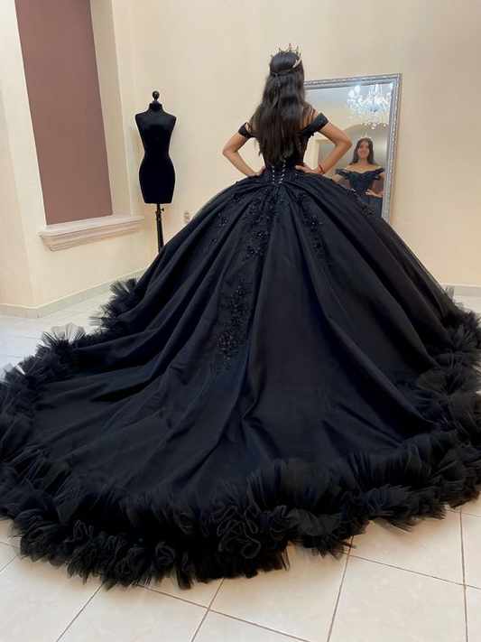 Black Off Shoulder Beaded Appliques Tulle Quinceanera Dress Ball Gown,DP807