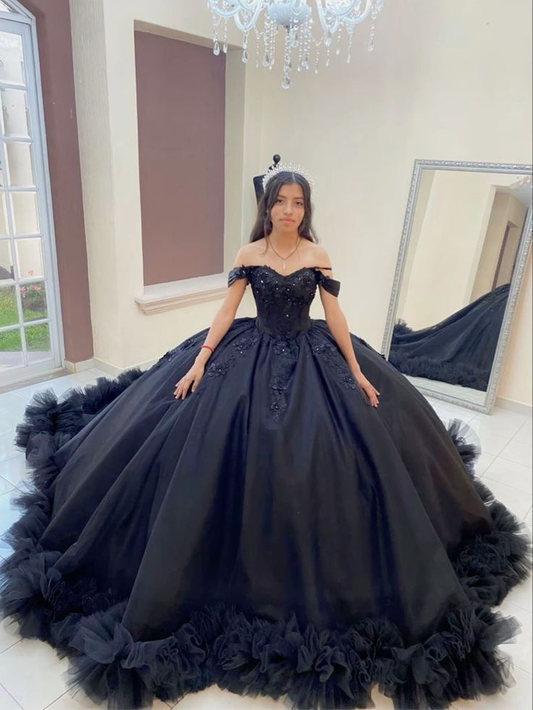 Black Off Shoulder Beaded Appliques Tulle Quinceanera Dress Ball Gown,DP807