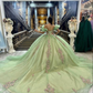 Green Off Shoulder Tulle Quinceanera Dress Ball Gown with Appliques ,DP808