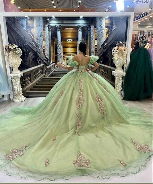 Green Off Shoulder Tulle Quinceanera Dress Ball Gown with Appliques ,DP808