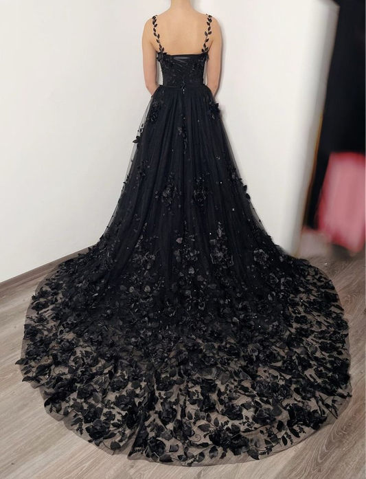 Black Gothic 3D Floral Lace Corset Dress Alternative Bride Fantasy Tulle Train Gown,DP809