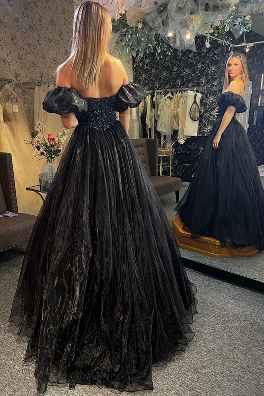Black A-line Off-the-Shoulder Beaded Tulle Long Prom Dress,DP811