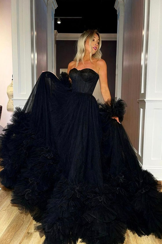 Black Strapless Tulle Long Ball Gown A-Line Evening Dress,DP812