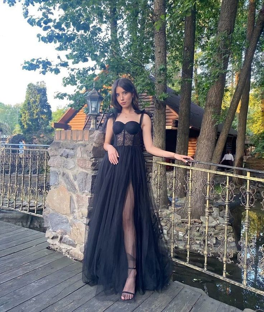 Black Corset A-Line Tull Long Prom Dress with Slit,DP813