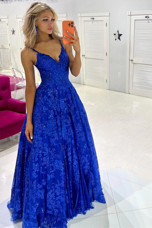 Royal Blue Sequin Lace V-Neck A-Line Long Prom Dress,DP821