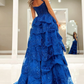Royal Blue Tulle Sequin Ruffle Tiered Long Prom Dress,DP824