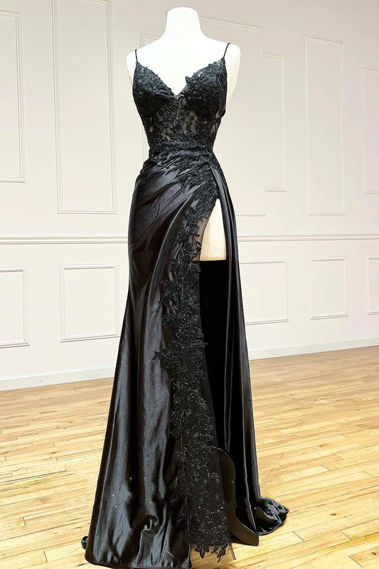 Black Appliques V-Neck Lace-Up Prom Dress with Slit,DP826