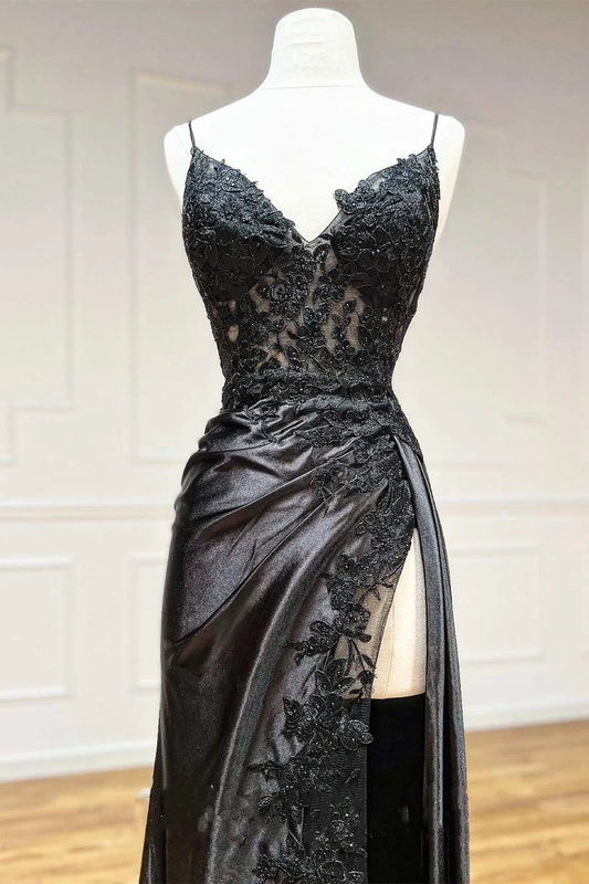 Black Appliques V-Neck Lace-Up Prom Dress with Slit,DP826