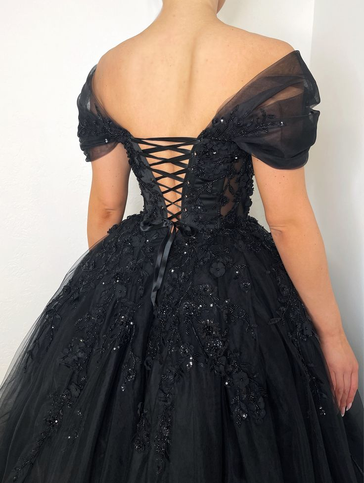 Black Gothic Floral Beaded Corset Tulle Alternative Wedding Dress Long Prom Dress,DP834
