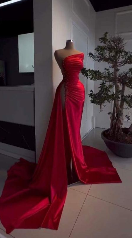 Sexy Red Beaded Satin Long Prom Dress with High Slit,DP835