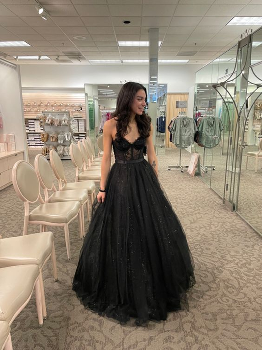 Black A-Line Tulle Long Prom Dress Evening Gown,DP847