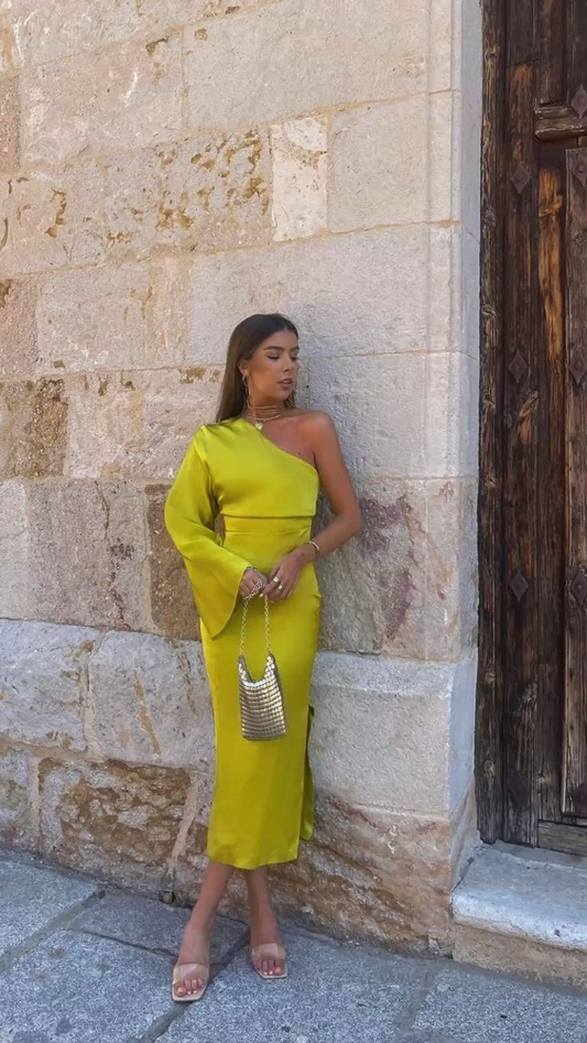 Yellow Green One Shoulder Party Dress with Slit,DP855