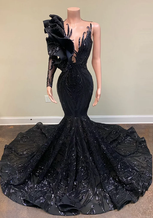 Sparkly One Shoulder Mermaid Sequined Black Girls Prom Dress Party Gowns,DP863