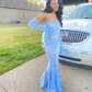 Blue Mermaid Strapless Sequins African Long Prom Dresses,DP886