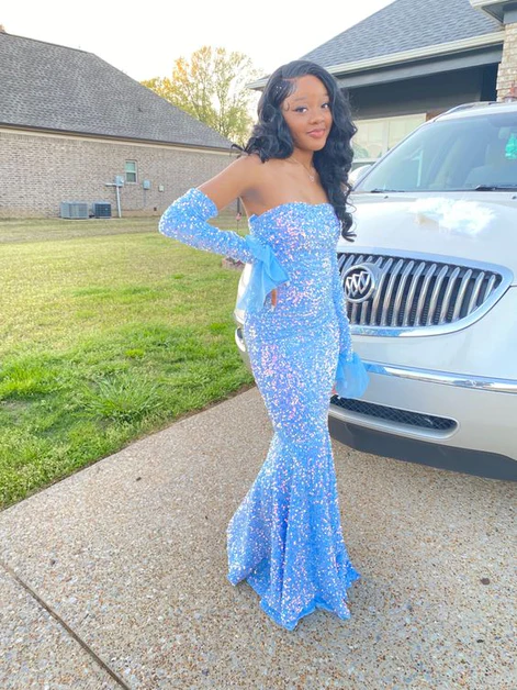 Blue Mermaid Strapless Sequins African Long Prom Dresses,DP886