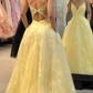 Yellow V Neck Open Back A-Line Long Prom Dress Elegant Party Dress,DP895