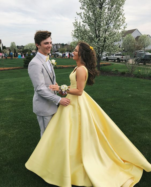 Yellow Satin V Neck A-Line Long Prom Dress Formal Party Dress,DP896