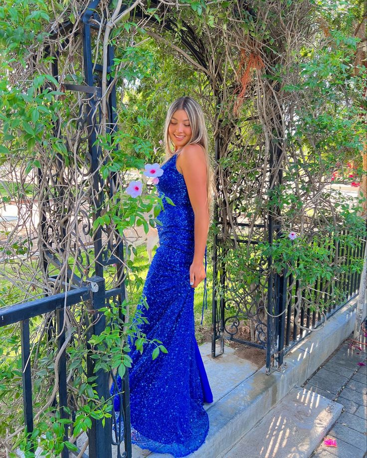 Royal Blue Sequined Long Prom Dress with High Slit,DP920