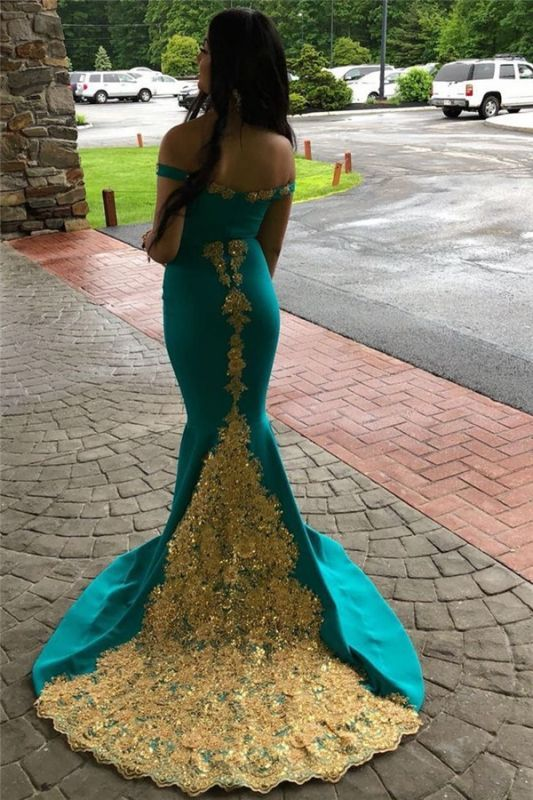 Blue Off-The-Shoulder Mermaid African Prom Dress with Gold Appliques,DP938