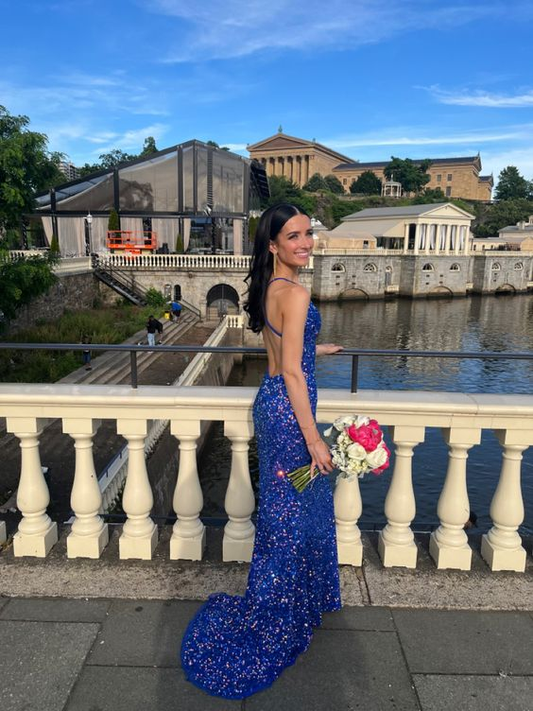 Royal Blue Sequined Mermaid Backless Prom Dress,DP939