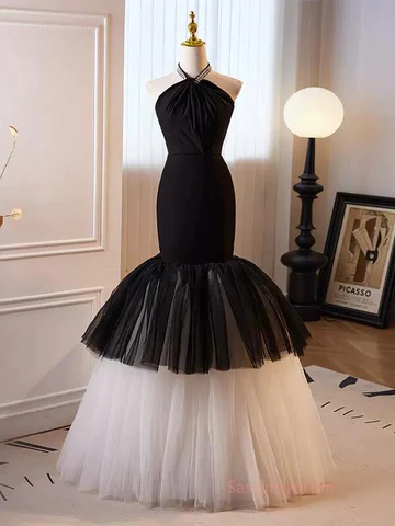 Black and White Halter Mermaid Tulle Long Prom Dress,DP957