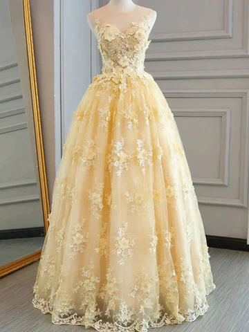 Yellow Sheer A-Line Appliques Tulle  Long Prom Dress,DP960
