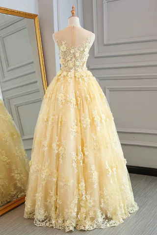 Yellow Sheer A-Line Appliques Tulle  Long Prom Dress,DP960