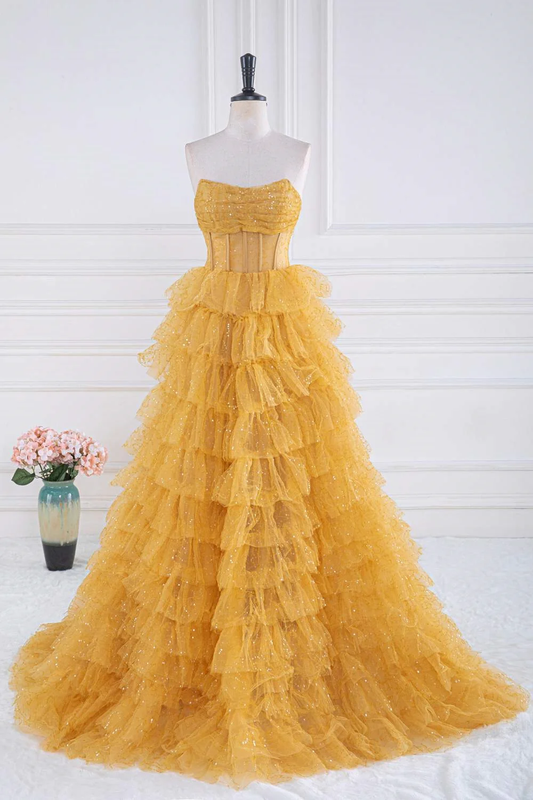 Yellow Strapless Tulle Layered A-Line Prom Dress,DP963