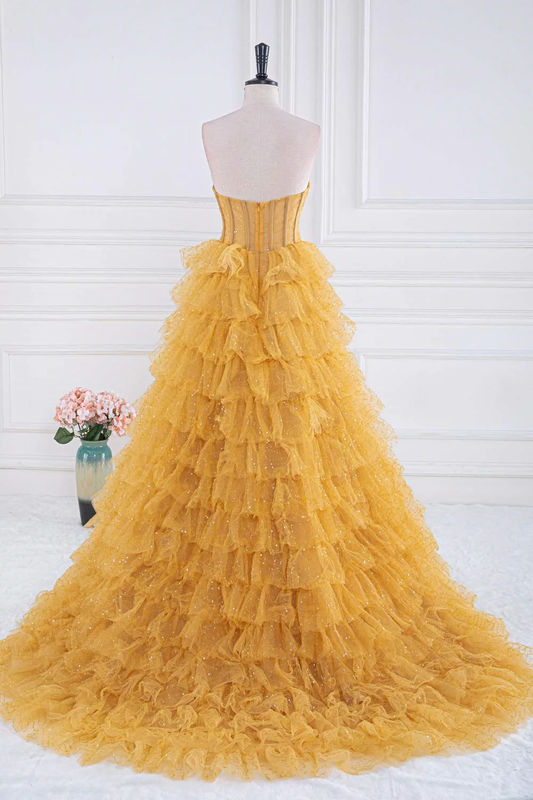 Yellow Strapless Tulle Layered A-Line Prom Dress,DP963