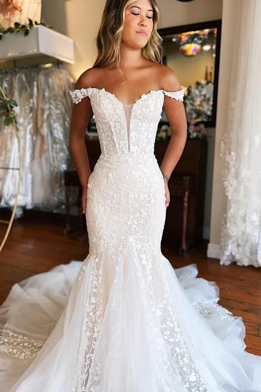 White Off-The-Shoulder Mermaid Tulle Prom Wedding Dress,DP967