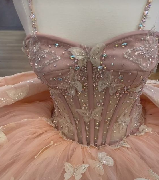 Pink Butterfly Tulle Beaded Quinceanera Dress Evening Ball Gown,DP968