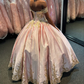 Pink Off Shoulder Quinceanera Dress Ball Gown with Gold Appliques,DP972