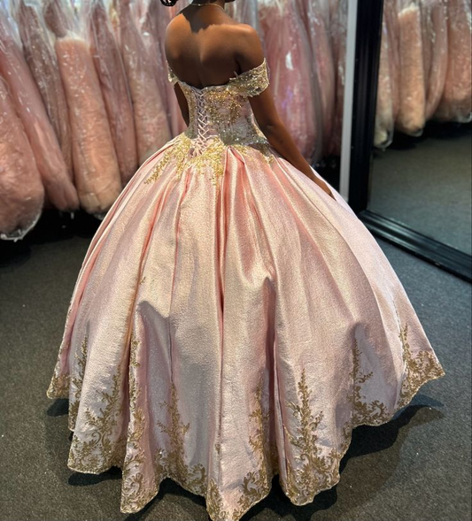 Pink Off Shoulder Quinceanera Dress Ball Gown with Gold Appliques,DP972